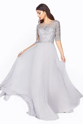 A-Line Dress with Pleated Chiffon Skirt and Lace Bodice