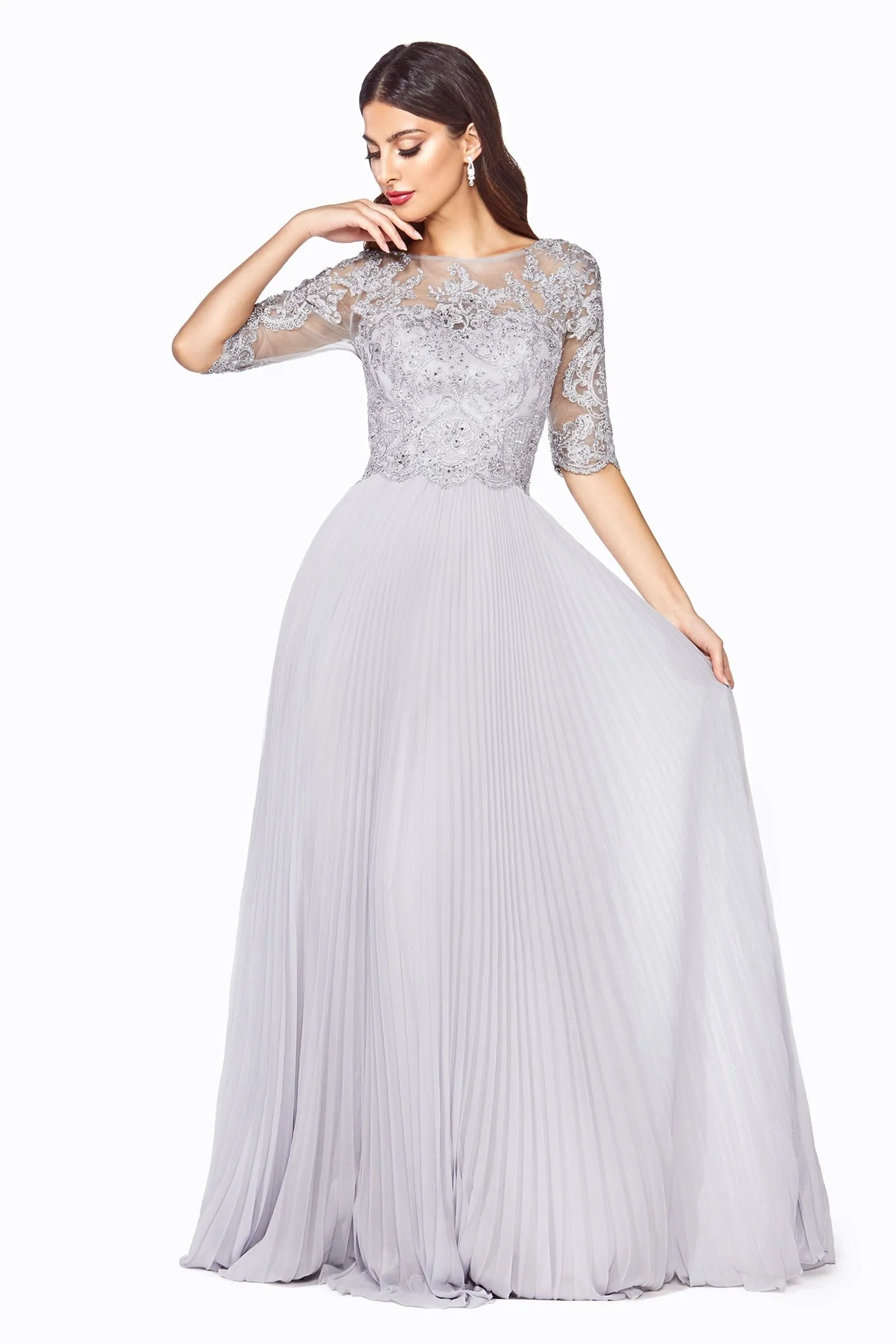 A-Line Dress with Pleated Chiffon Skirt and Lace Bodice