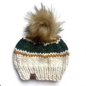 Adult Stripe Knit Pom Hat | Off White   Green   Mustard Yellow