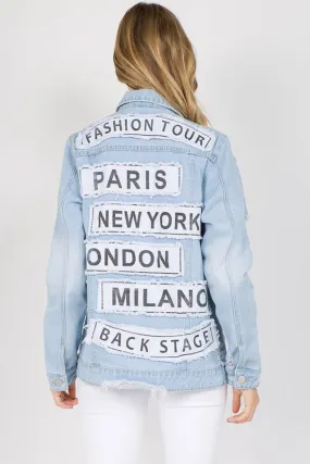 American Bazi Letter Patched Distressed Denim Jacket