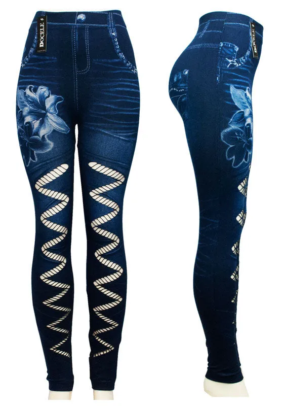 Assorted Ladies Fashion Pull On Printed Jean Like Leggings Wholesale