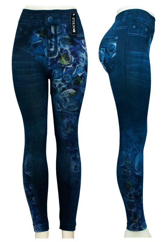 Assorted Ladies Fashion Pull On Printed Jean Like Leggings Wholesale