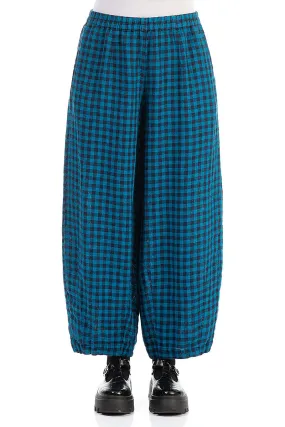 Back Pockets Blue Check Linen Trousers