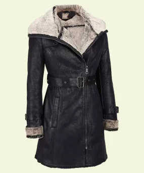 Black Leather Faux Shearling Mid-Length Coat By TJS