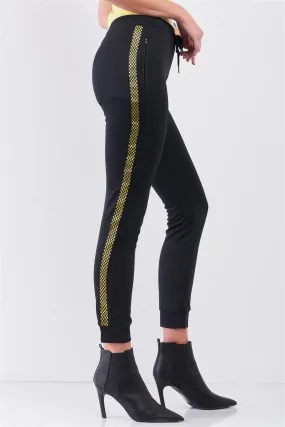 Black Yellow Checkered Side Tape Elastic Waist Sweatpants /1-2-2