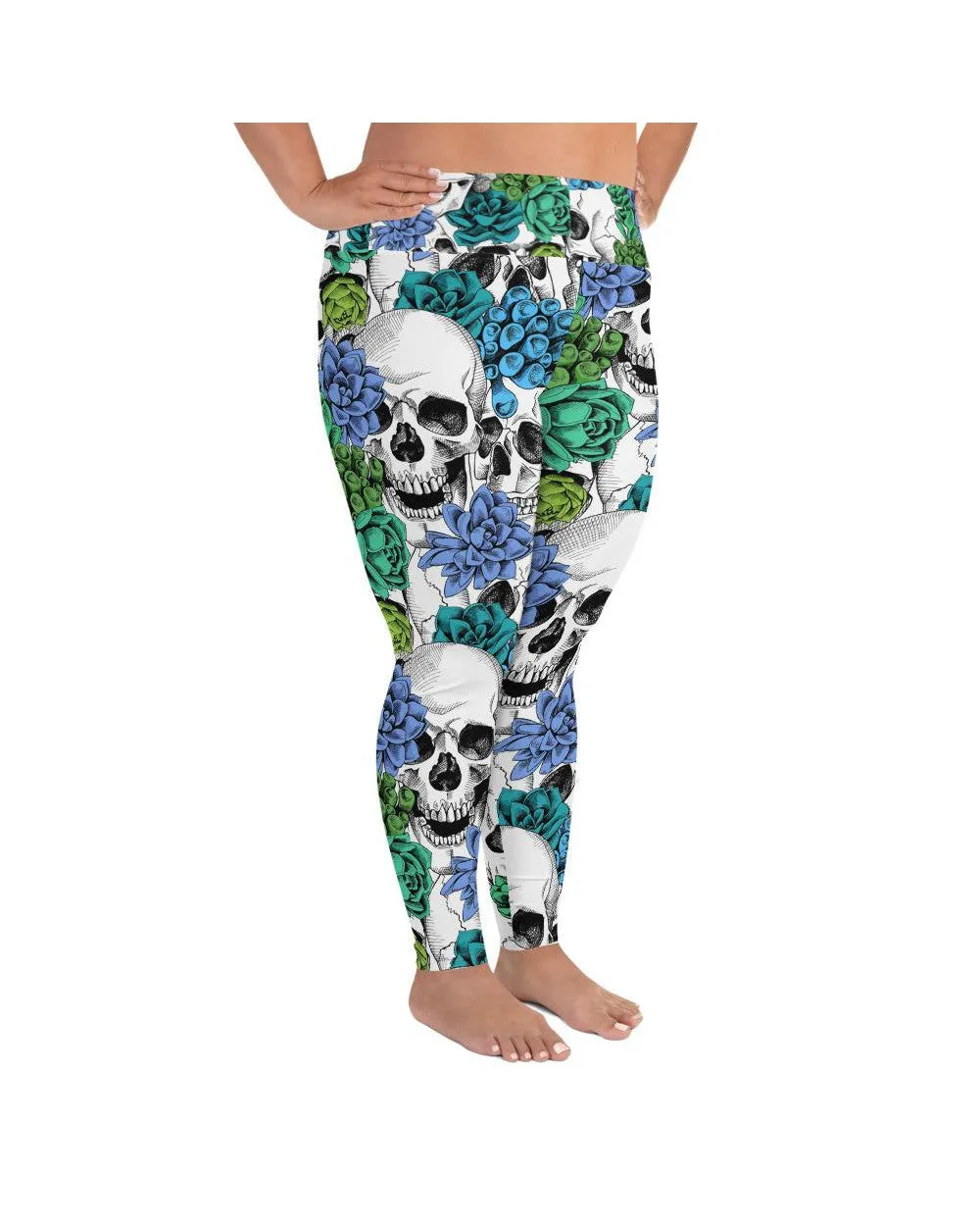 Blue Floral Skulls Plus Size Leggings