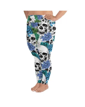 Blue Floral Skulls Plus Size Leggings