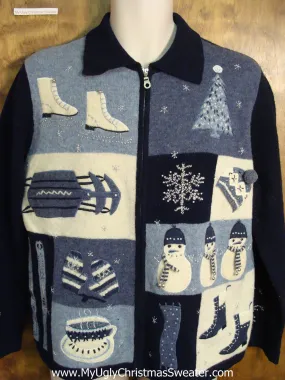 Blue Winter Sports Themed Ugly Christmas Jumper