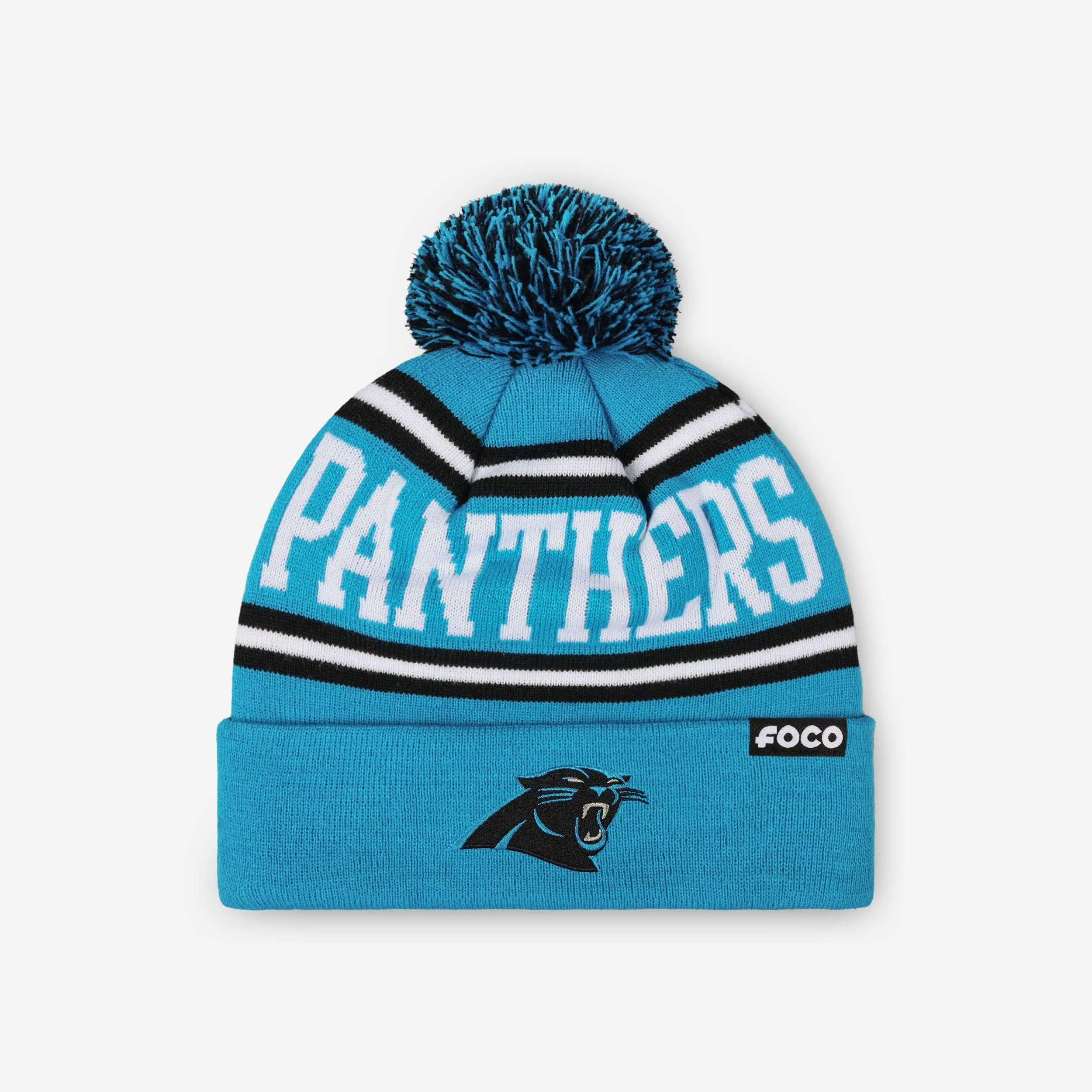 Carolina Panthers Primary Logo Stripe Pom Beanie