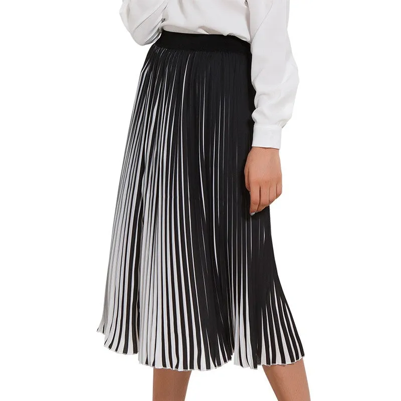 Casual Pleated Black & White Striped Long Skirt