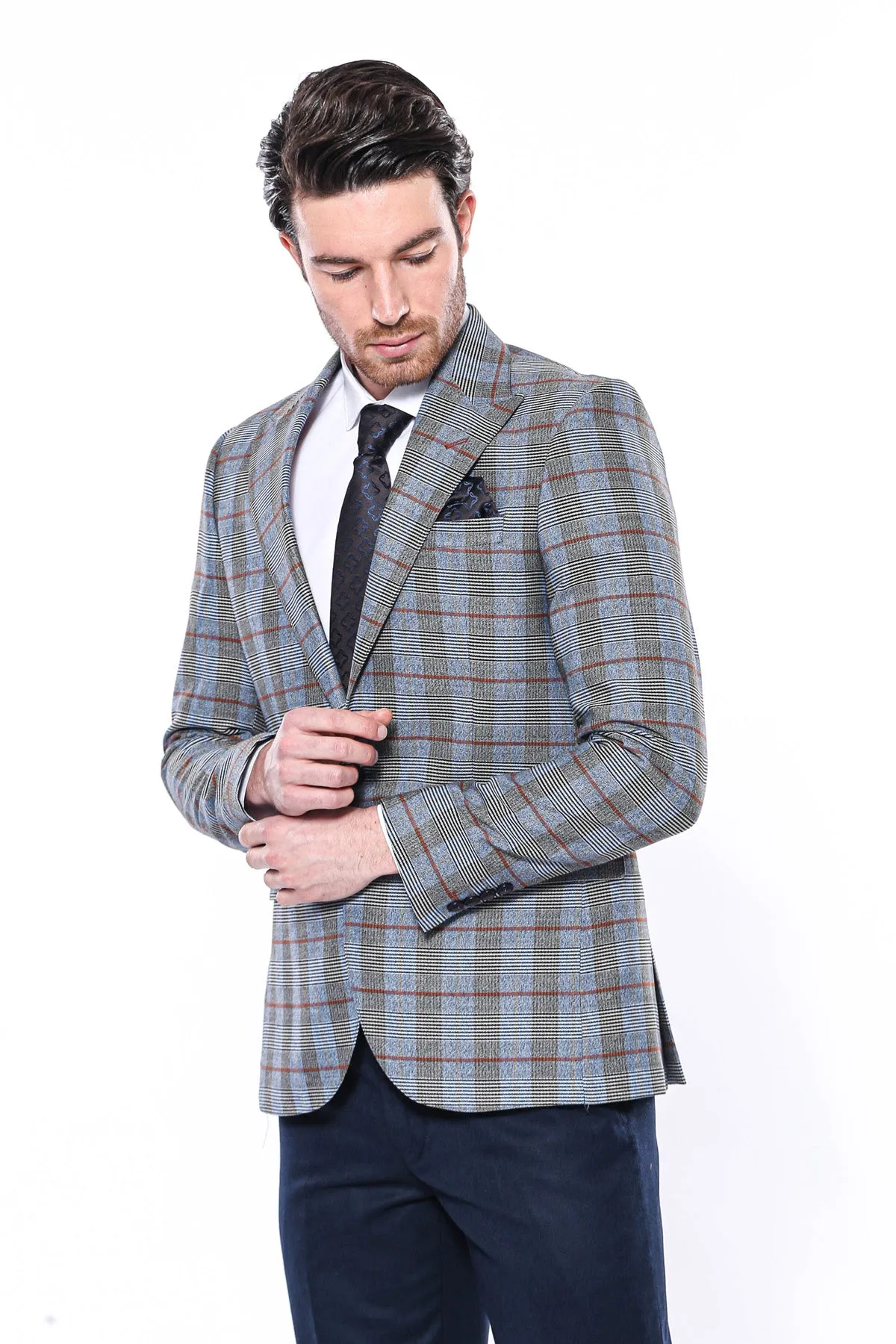 Checked Single Button Navy Blue Men Blazer - Wessi