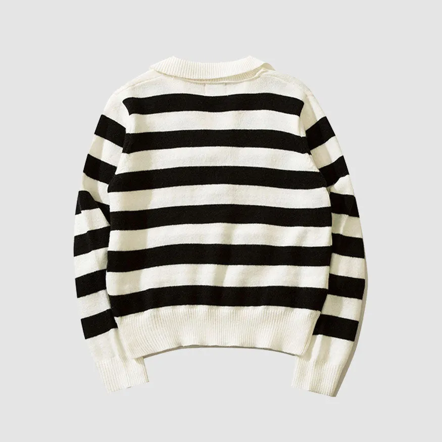 Chic Turndown Collar Striped Cropped Sweater