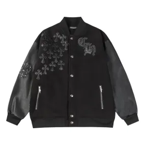 Chrome Hearts Black Cross Patch Leather Varsity Jacket