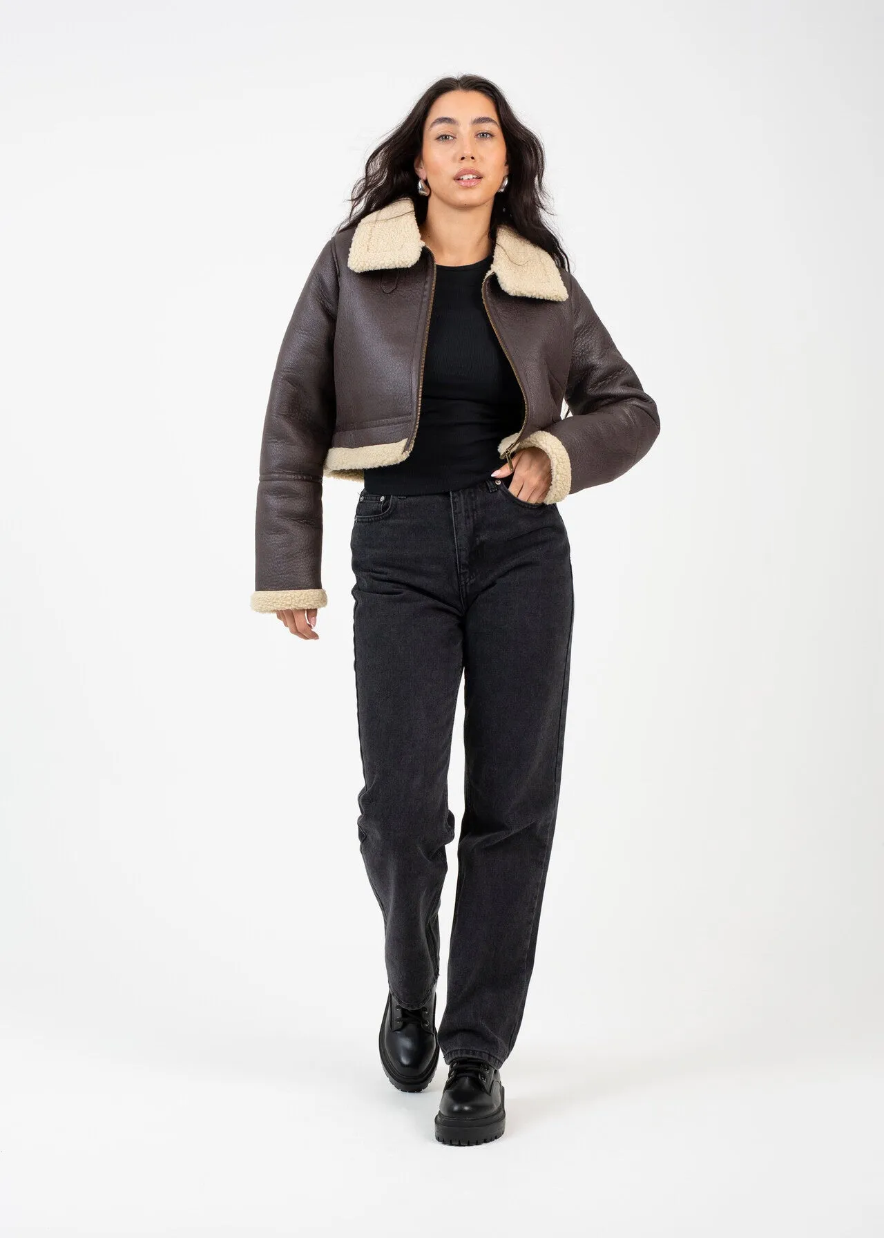 CROPPED CACKLE SUEDE AVIATOR JACKET WITH BORG TRIMS