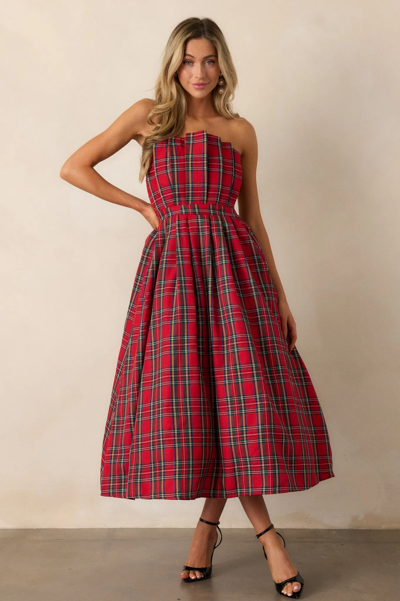 Crystal Dreams Red Plaid Strapless Midi Dress