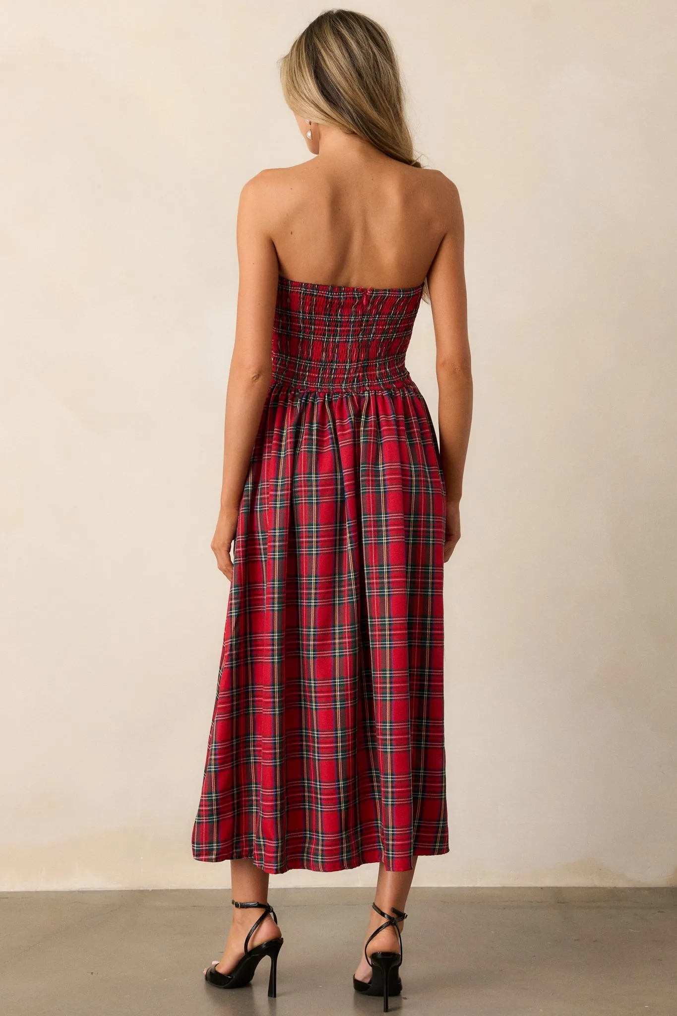 Crystal Dreams Red Plaid Strapless Midi Dress