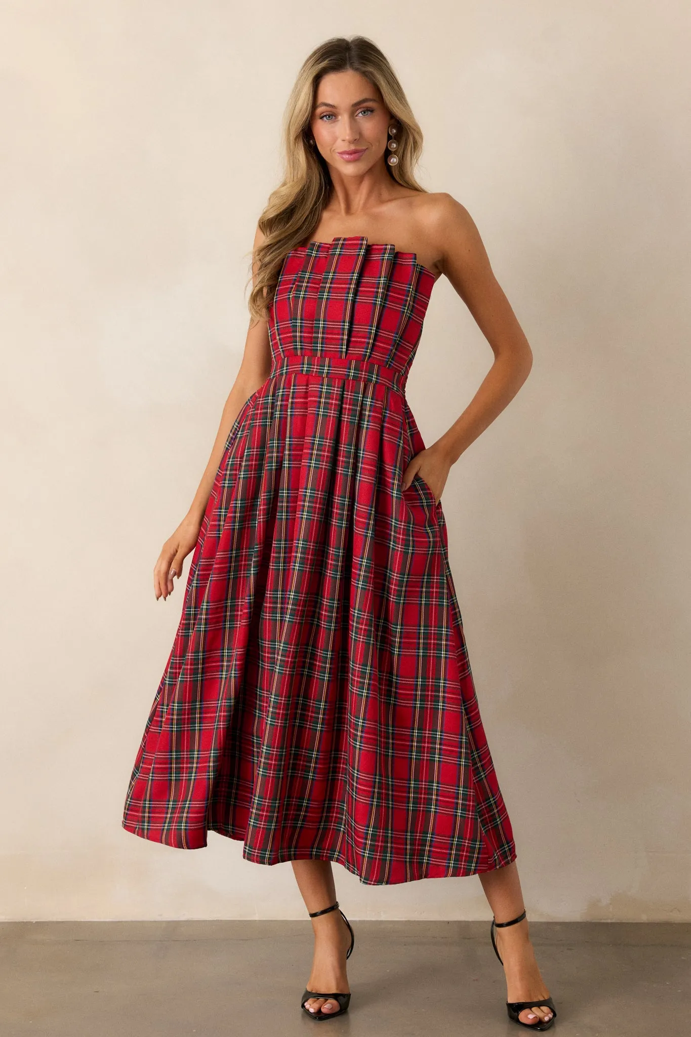 Crystal Dreams Red Plaid Strapless Midi Dress