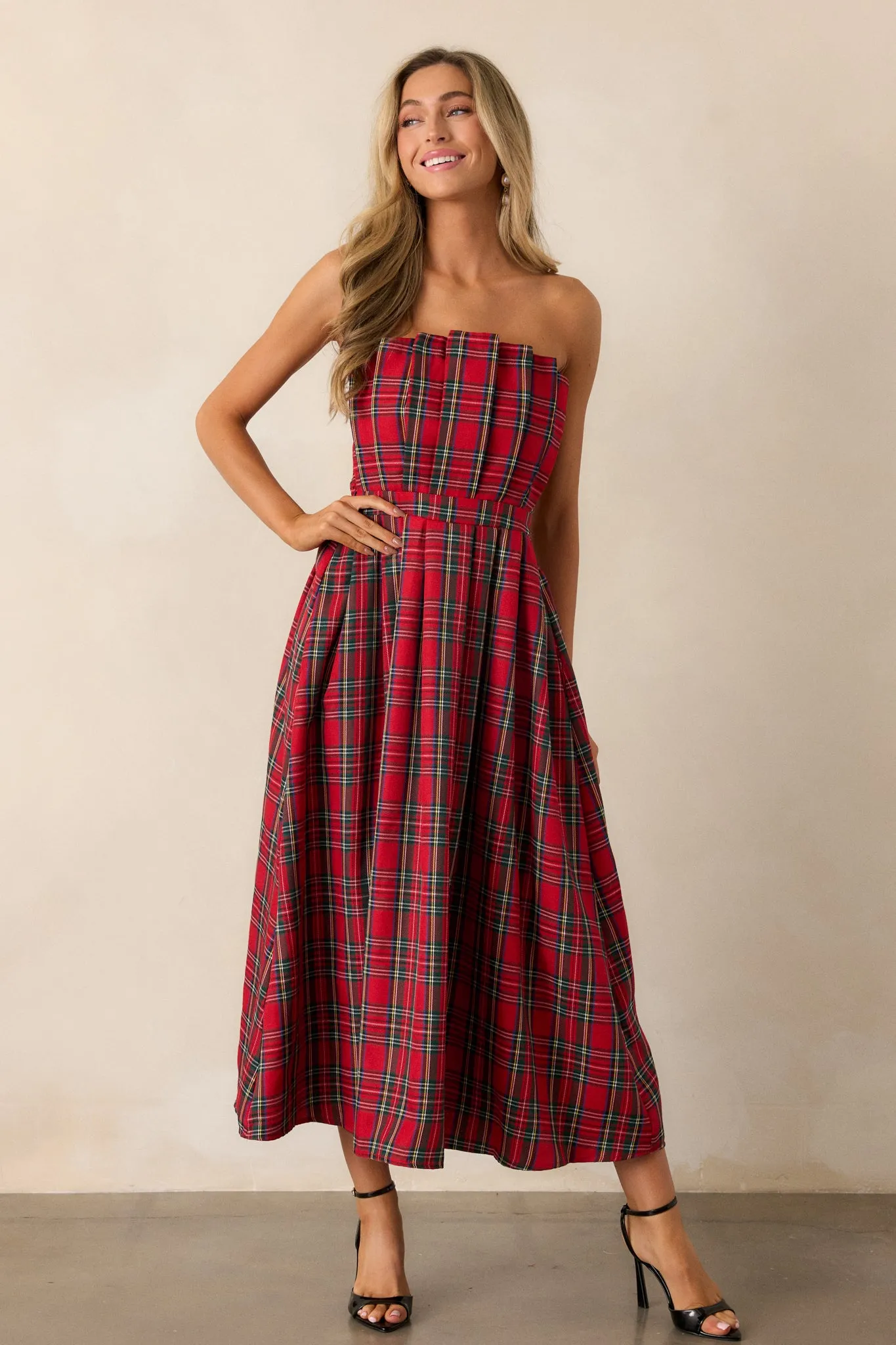 Crystal Dreams Red Plaid Strapless Midi Dress