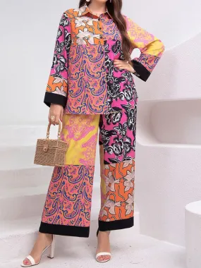 Curvy 2-Piece Summer Outfit with Long Sleeve Shirt and Pants in Multicolor