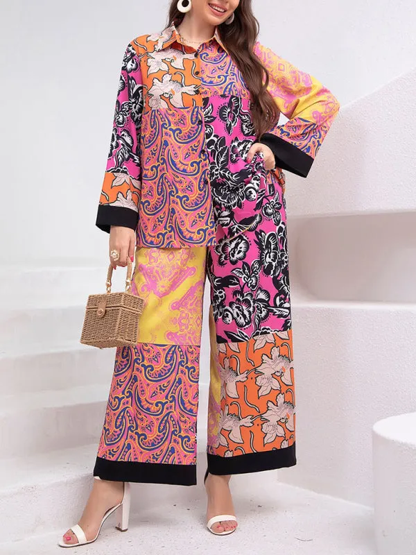 Curvy 2-Piece Summer Outfit with Long Sleeve Shirt and Pants in Multicolor