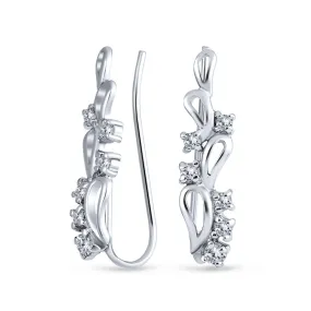 CZ Swirl Wire Ear Pin Climbers Crawlers Earrings Round Sterling Silver