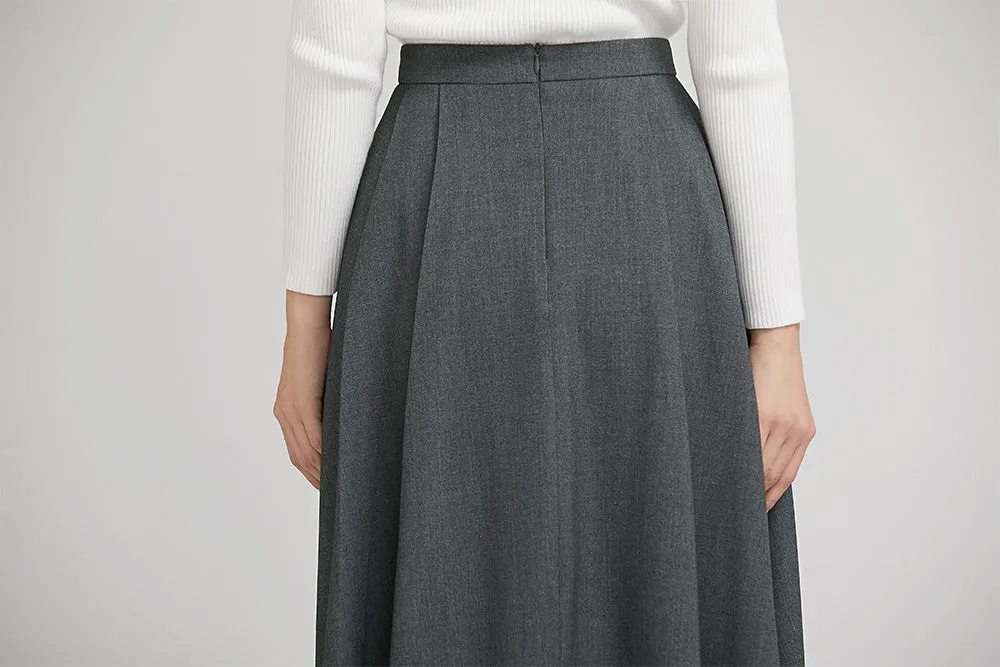 dark grey elegant wool pleated skirt  with button 2246