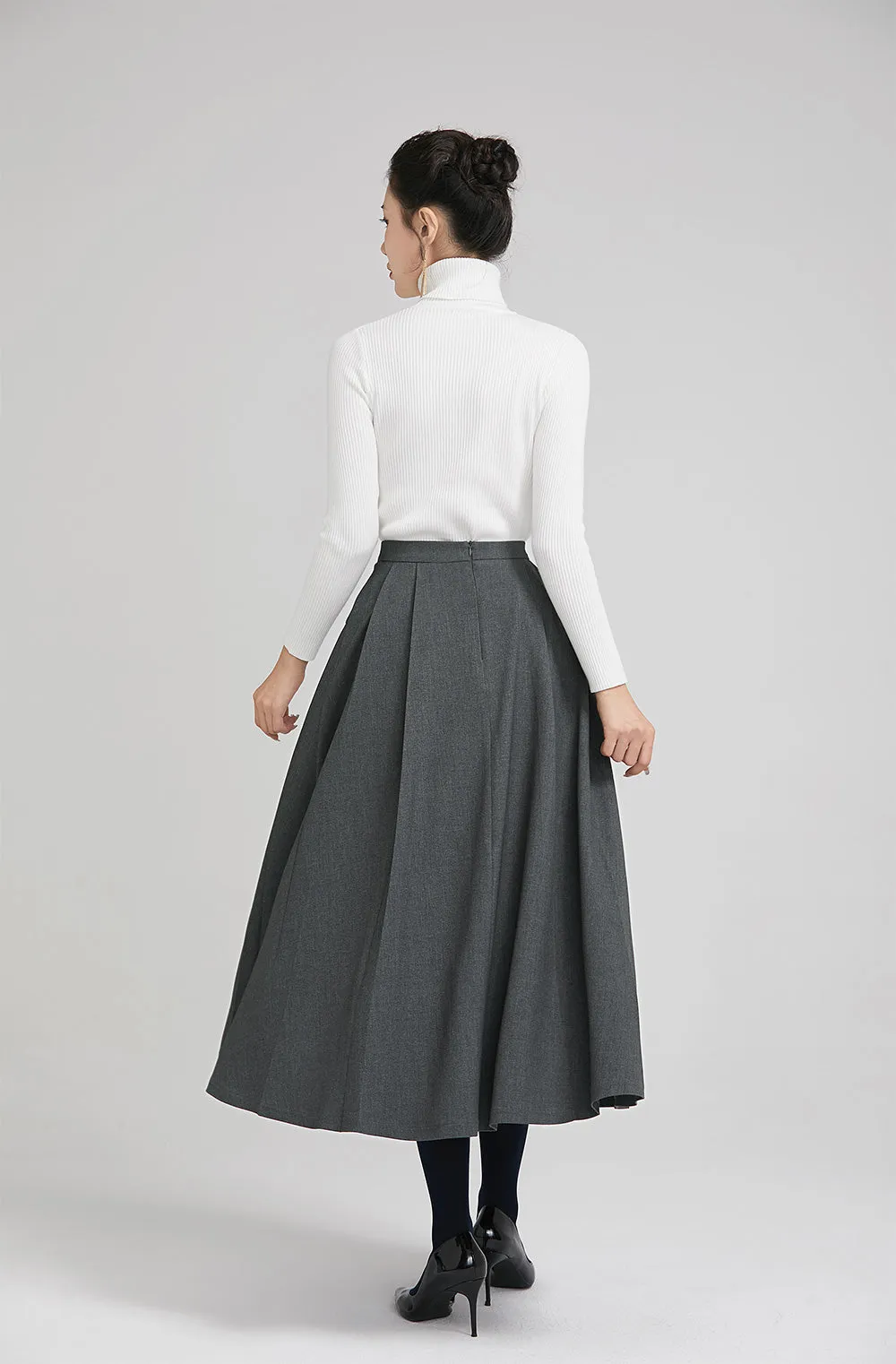 dark grey elegant wool pleated skirt  with button 2246