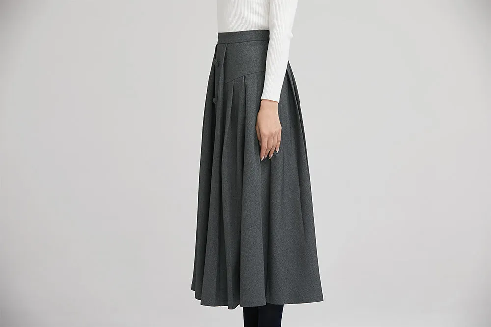 dark grey elegant wool pleated skirt  with button 2246