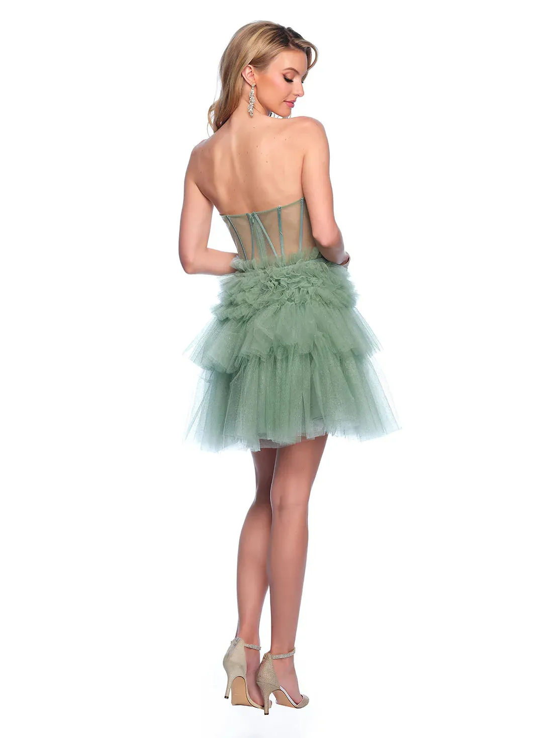 Dave & Johnny 11826 Size 0, 6 Sage Shimmer Sheer Corset Homecoming Dress Ruffle Layer Cocktail Gown