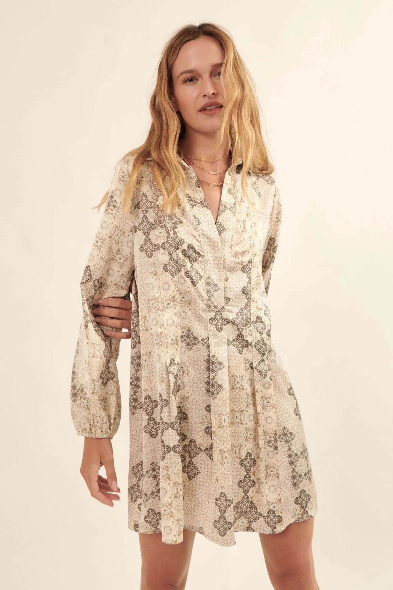 Distant Lands Tile-Print Half-Button Shift Dress