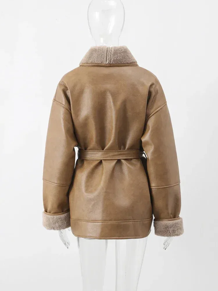 Faux Leather Shearling Wrap Jacket Fall Fashion for Women