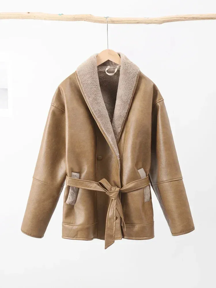 Faux Leather Shearling Wrap Jacket Fall Fashion for Women