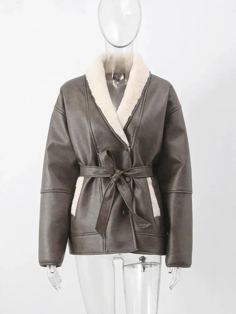 Faux Leather Shearling Wrap Jacket Fall Fashion for Women