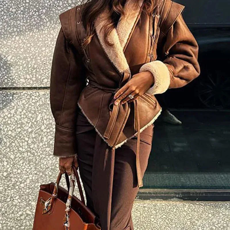 Faux Leather Shearling Wrap Jacket Fall Fashion for Women