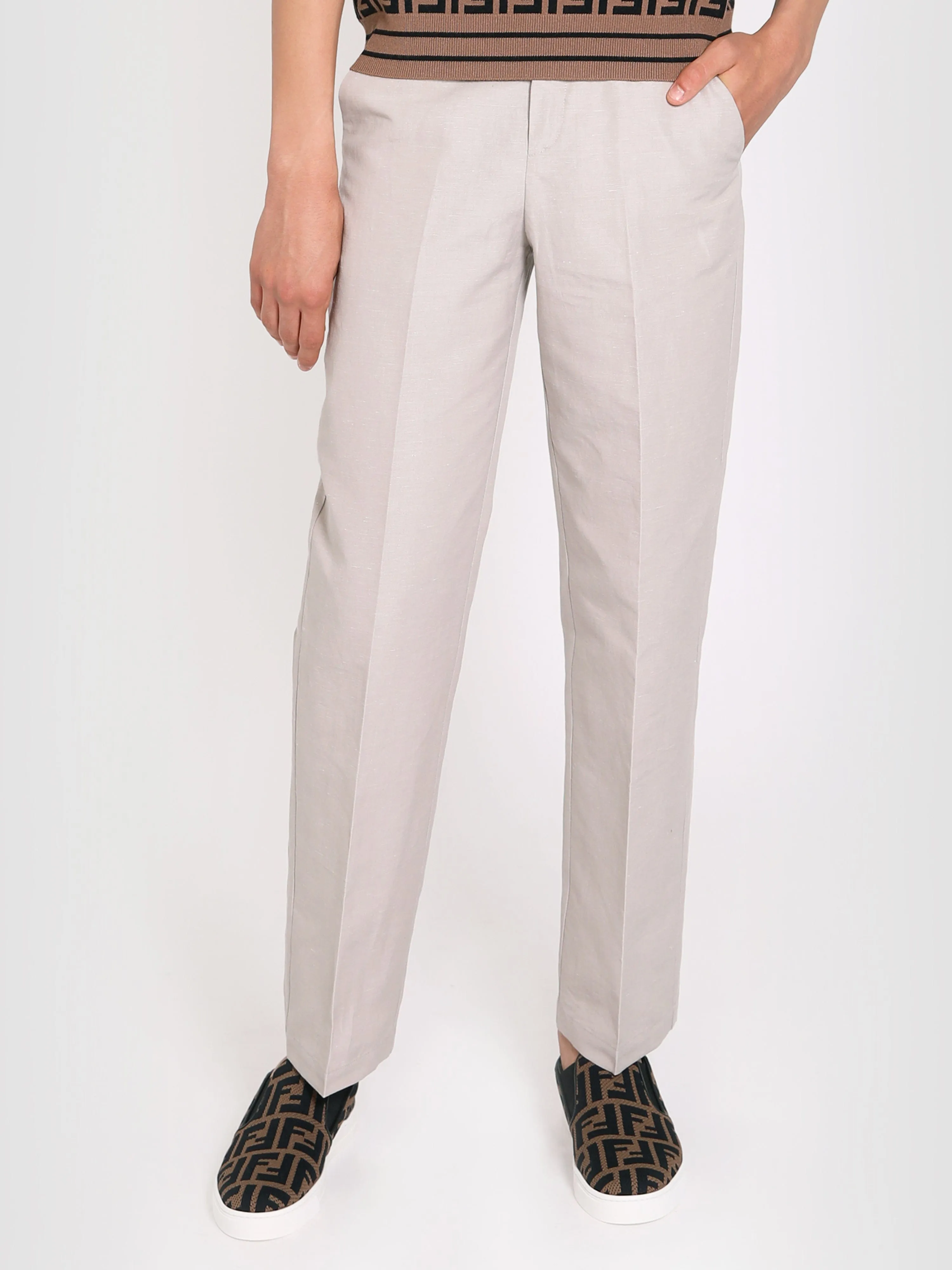 Fendi Boys Cotton And Linen Trousers in Beige