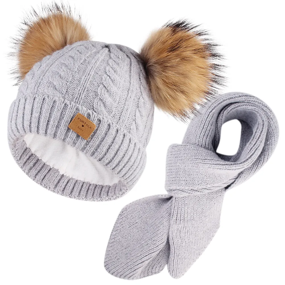 FURTALK Kids Winter Real Fur Pom Pom Hats Double Poms Drop shipping  SFFW033