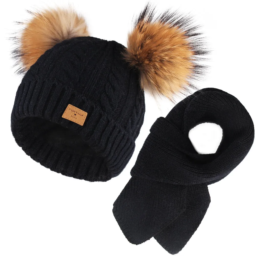 FURTALK Kids Winter Real Fur Pom Pom Hats Double Poms Drop shipping  SFFW033