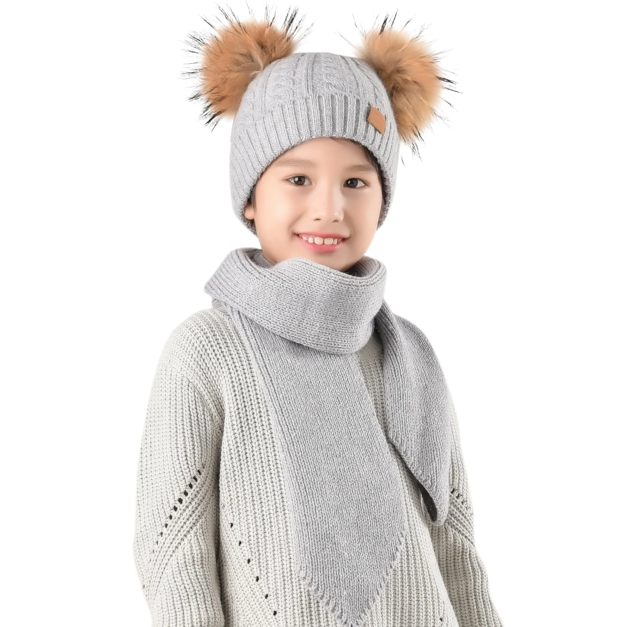 FURTALK Kids Winter Real Fur Pom Pom Hats Double Poms Drop shipping  SFFW033