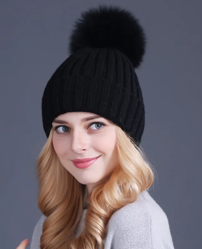 Genuine fox fur thick beanie