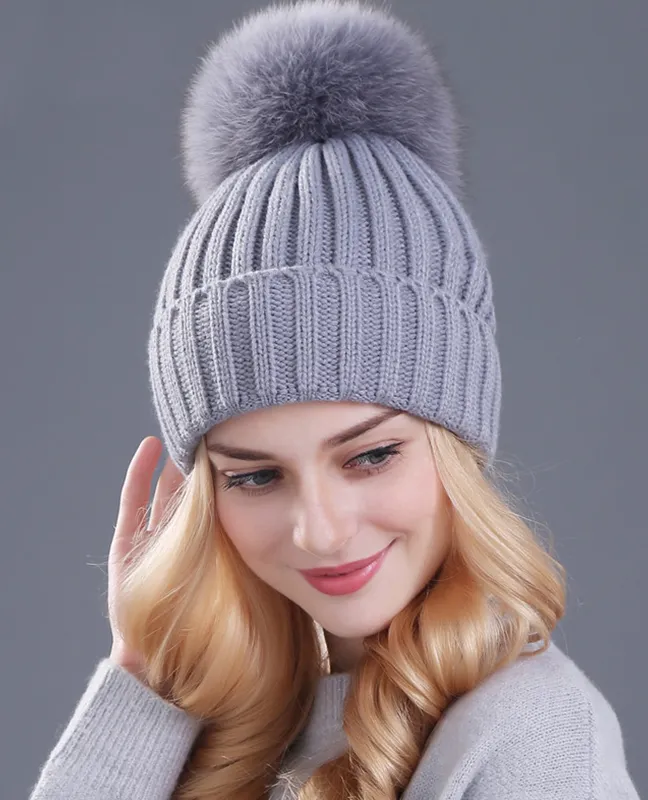 Genuine fox fur thick beanie