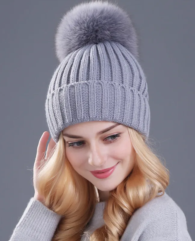 Genuine fox fur thick beanie