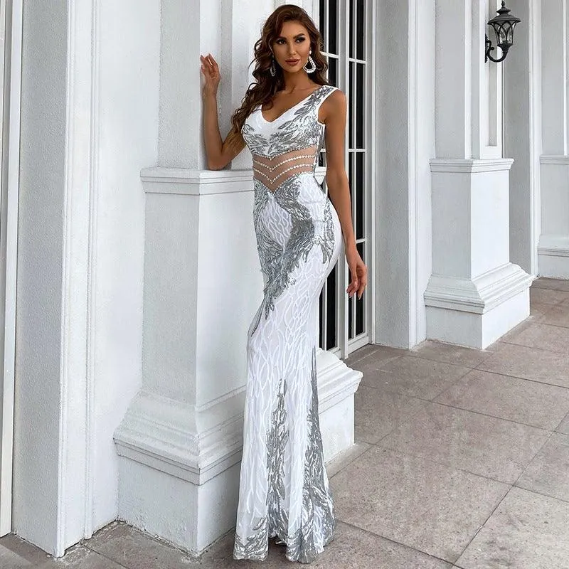 Geometric perspective sequin evening dress