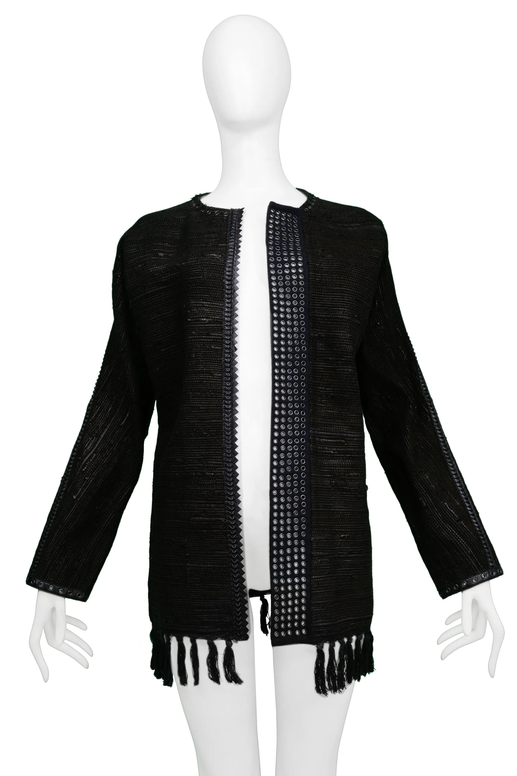 GIANFRANCO FERRE LEATHER & WOOL JACKET WITH TASSELS