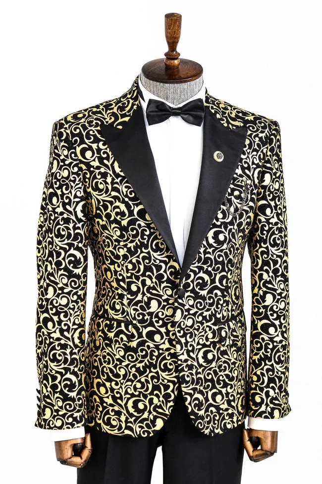 Golden Pattern Black Prom Blazer with Black Satin Notch Lapel