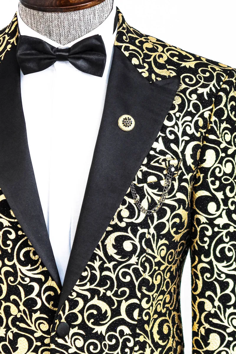 Golden Pattern Black Prom Blazer with Black Satin Notch Lapel