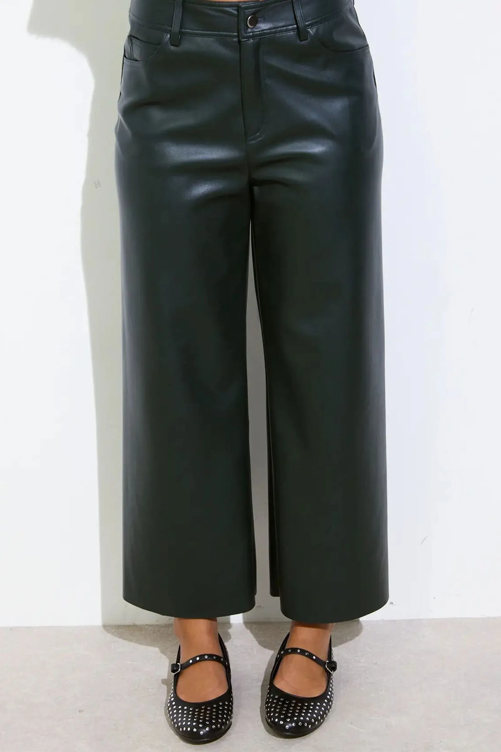 Green Faux Leather Cropped Wide Leg Trousers