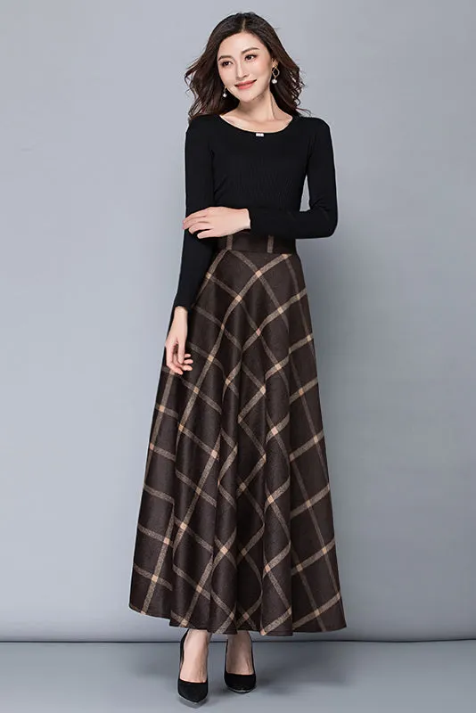 High Waist A-Line Plaid Wool Skirt 3792