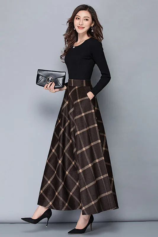 High Waist A-Line Plaid Wool Skirt 3792