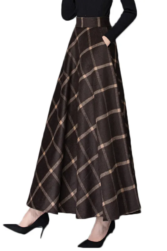 High Waist A-Line Plaid Wool Skirt 3792