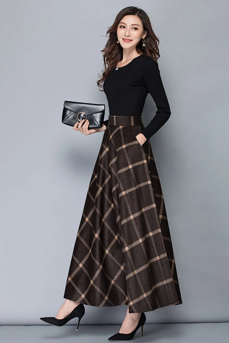 High Waist A-Line Plaid Wool Skirt 3792